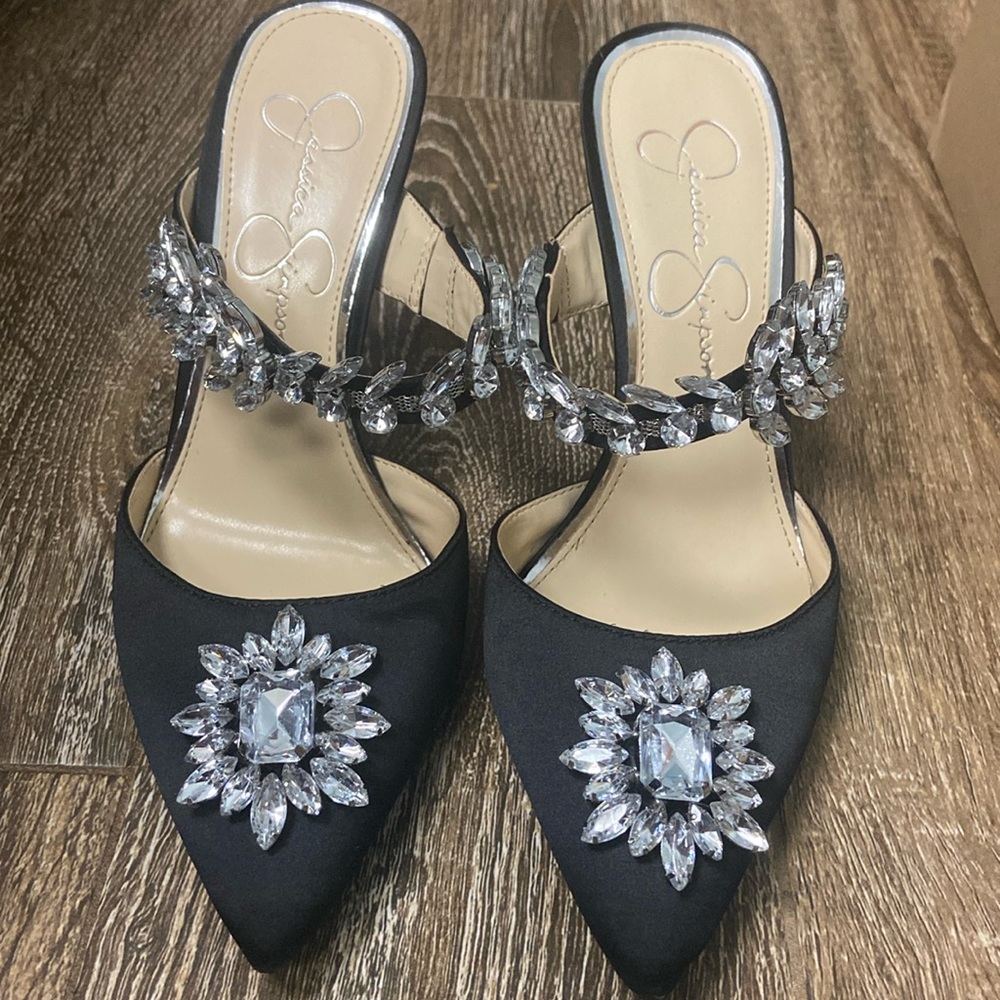 Black two inch heels with gem details